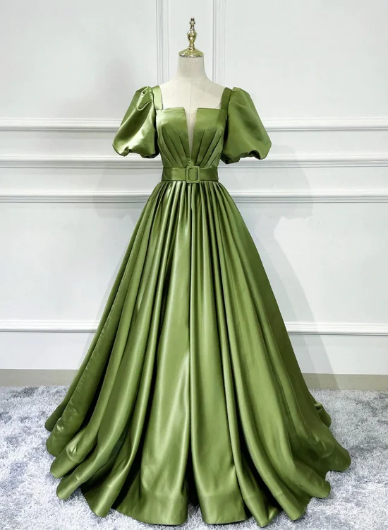 Green Satin Short Sleeves Long Evening Party Dresses, Green Formal Party Dresses Tunics Top Casual