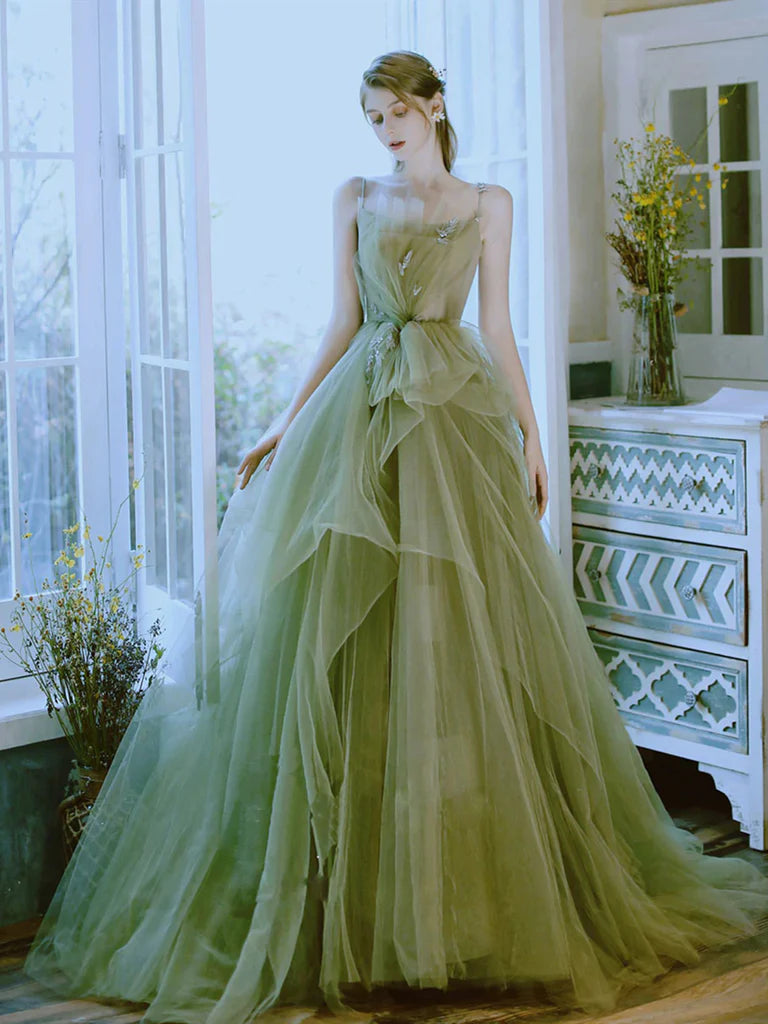 Green Tulle High Low Long Prom Dresses, Green Tulle Long Formal Evening Dresses Tunics Plaid country