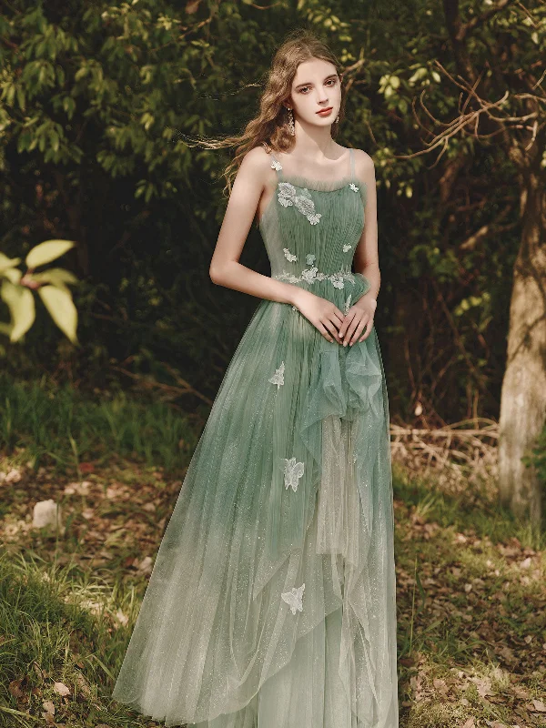 Green Tulle Lace Long Prom Dress, Green A line Formal Party Dress with Applique Tunics Chinos classic