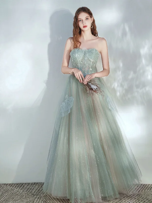 Green Tulle Lace Long Prom Dress, Green Tulle Evening Dress Tunics Winter warm