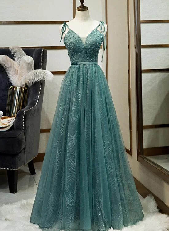 Green Tulle Long Prom Dress, New V-neckline Straps Long Party Dress Sequined Elegant Party