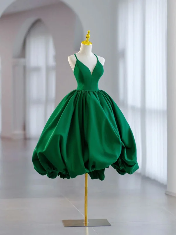 Green V Neck Satin Short Prom Dress, A Line Green Evening Dress Square Neckline Feminine