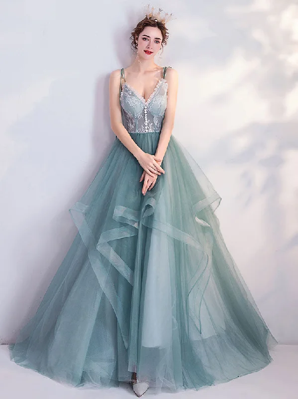 Green V Neck Tulle Lace Long Prom Dress Green Evening Dress Tunics Essential wardrobe