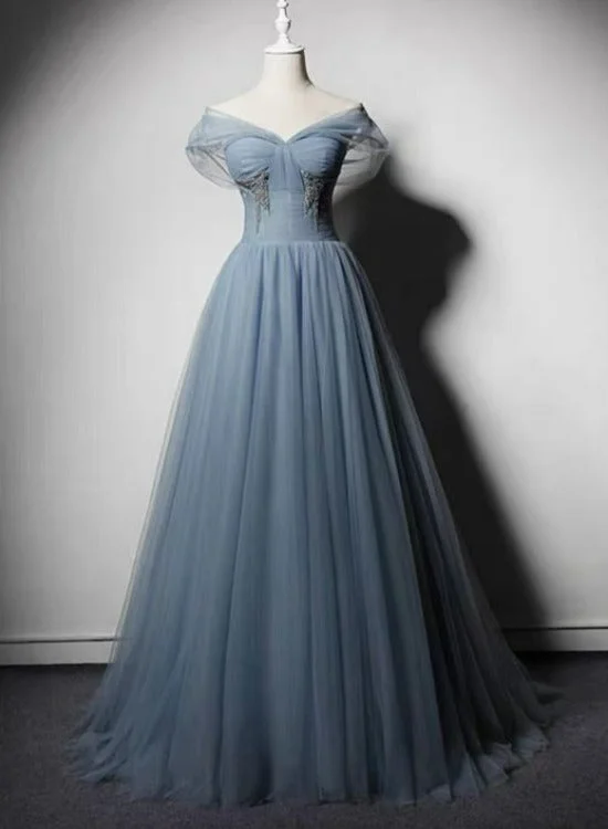 Grey-Blue Tulle Off Shoulder Beaded Long Prom Dress Party Dress, Long Evening Gowns Bodycon Fitted Nightout