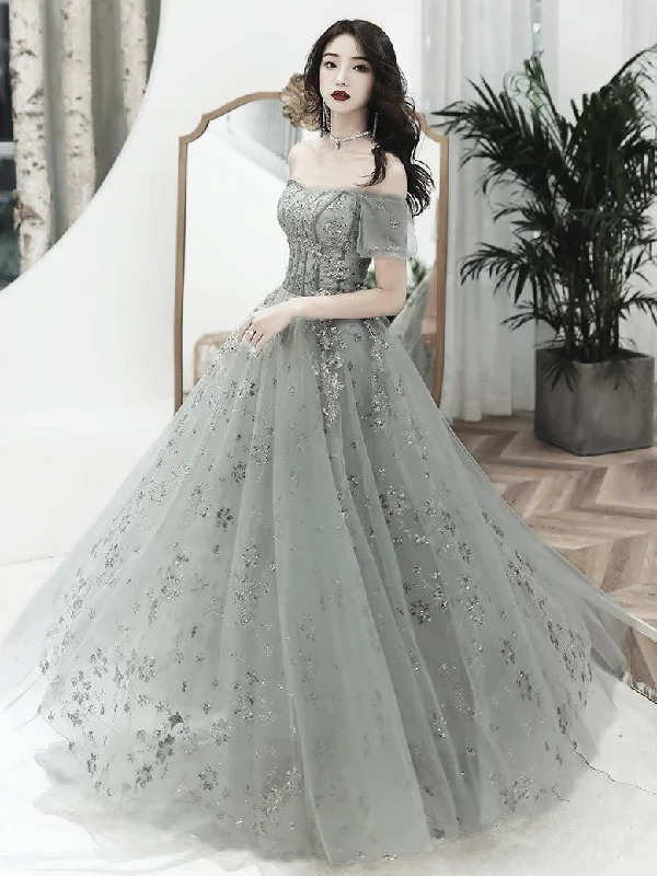 Grey Off Shoulder A-line Tulle with Lace Long Party Dress, Grey Evening Dresses Prom Dress Tunics Silk luxurious