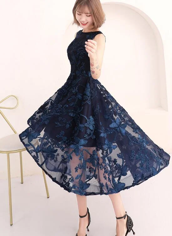 High Low Navy Blue Lace Bridesmaid Dress, Round Neckline Party Dress Tunics Practical durable