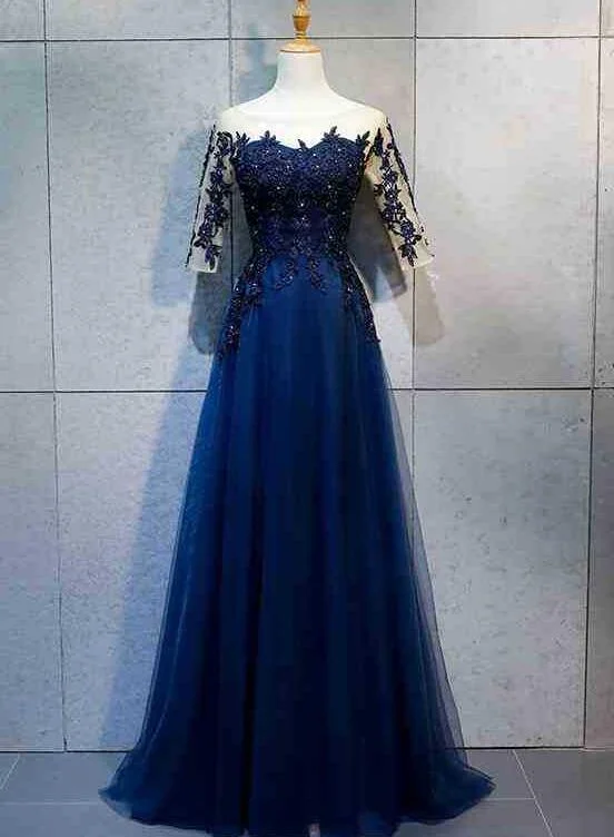 High Quality Navy Blue 1/2 Sleeves Tulle Party Dress, New Prom Dress Tunics Formal black