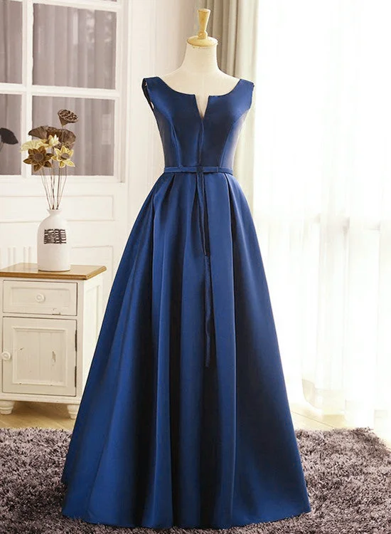 High Quality Navy Blue Satin Long Party Dress, Long Formal Dress Tunics Distressed trendy