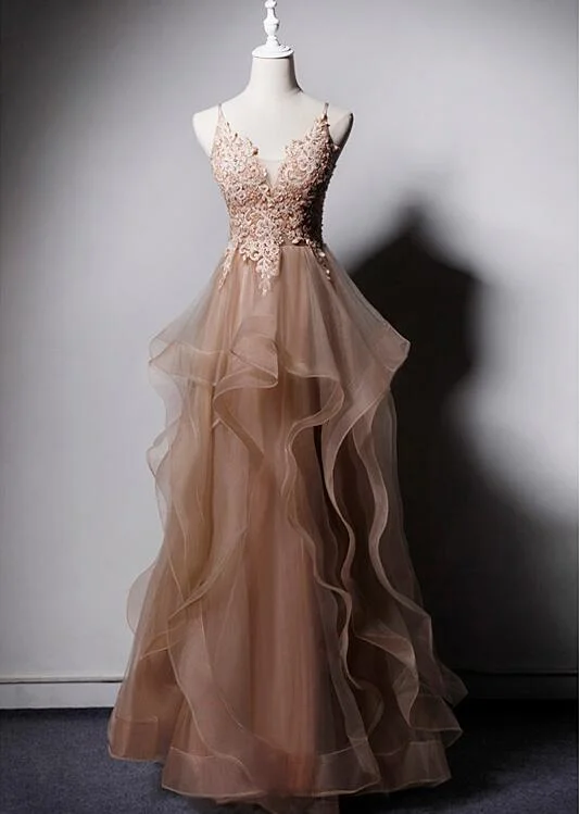 High Quality Tulle V-neclike Long Prom Dress, Lace Applique Straps Party Dress Tunics Hiking breathable