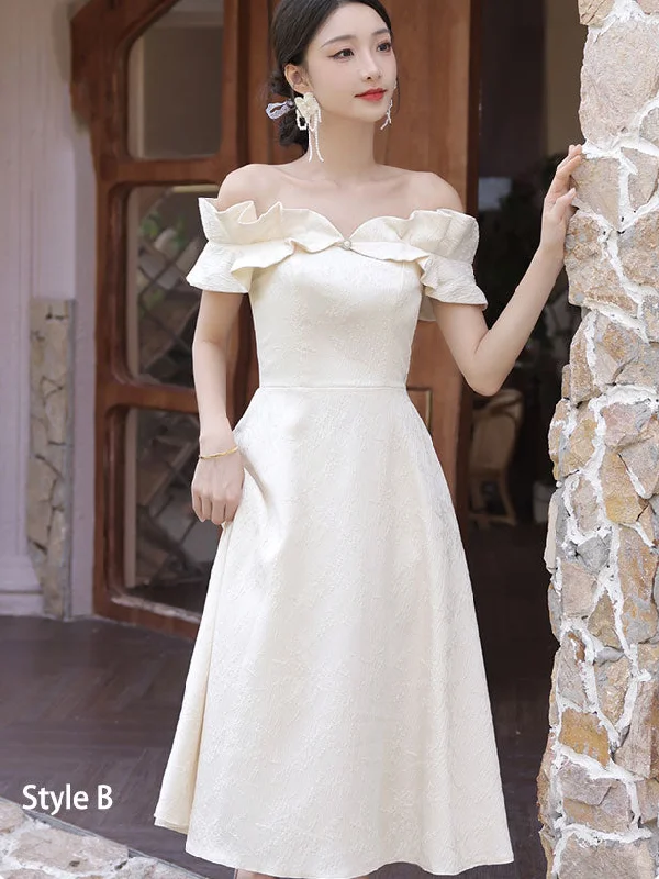 Ivory Jacquard Midi A-Line Bridesmaids Wedding Party Dress Tunics Long Elegant