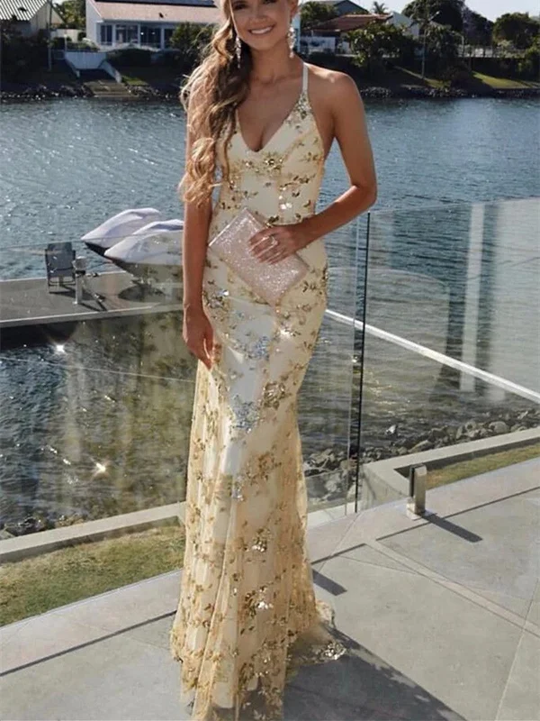 Lace-Up Mermaid Long Gold/Silver/Navy Blue Prom Dress with Sequins, V Neck Backless Mermaid Formal Evening Dresses Tunics Chic fashionable