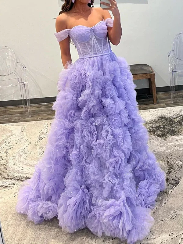 A Line Off The Shoulder Ruffle Layers Lavender Long Prom Dress, Off  Shoulder Purple Tulle Long Formal Evening Dresses Tunics Custom made