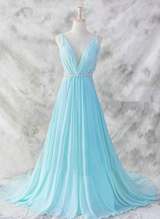 Light Blue Chiffon Long Evening Dress, Blue Beaded Waist Wedding Party Dress Tunics Lace romantic