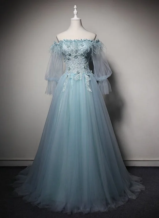 Light Blue Off Shoulder Long Sleeves Tulle Party Dress with Lace, A-line Blue Formal Dresses Tunics Mesh breathable