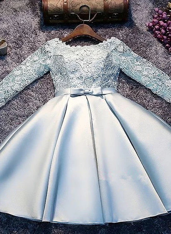 Light Blue Satin and Lace Long Sleeves Party Dress, Cute Short Graduation Dress A-Line Day Work