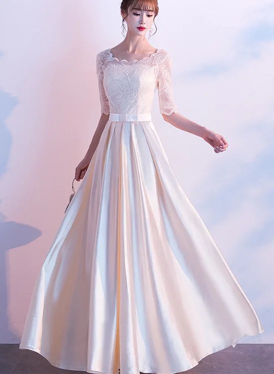Light Champagne Lace and Satin Long Party Dress, Prom Dress Tunics Fashionable trendy