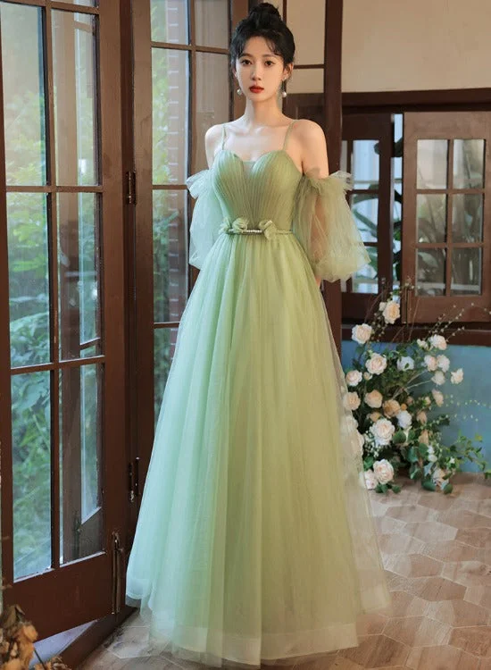 Light Green Tulle Simple Sweetheart Party Dresses, Green Long Prom Dresses Tunics Mesh breathable