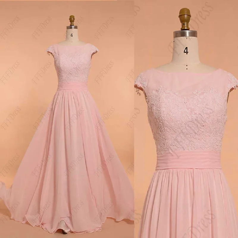 Light pink bridesmaid dress with cap sleeve modest evening dress High-Low Hemline Casual