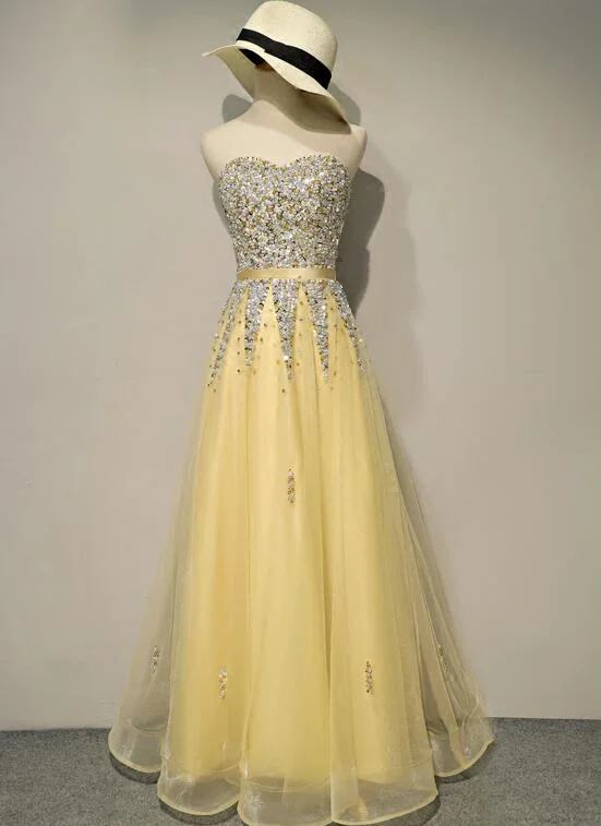 Light Yellow Sweetheart Sequins Tulle Long Prom Dress, New Party Dress Tunics Wedding white