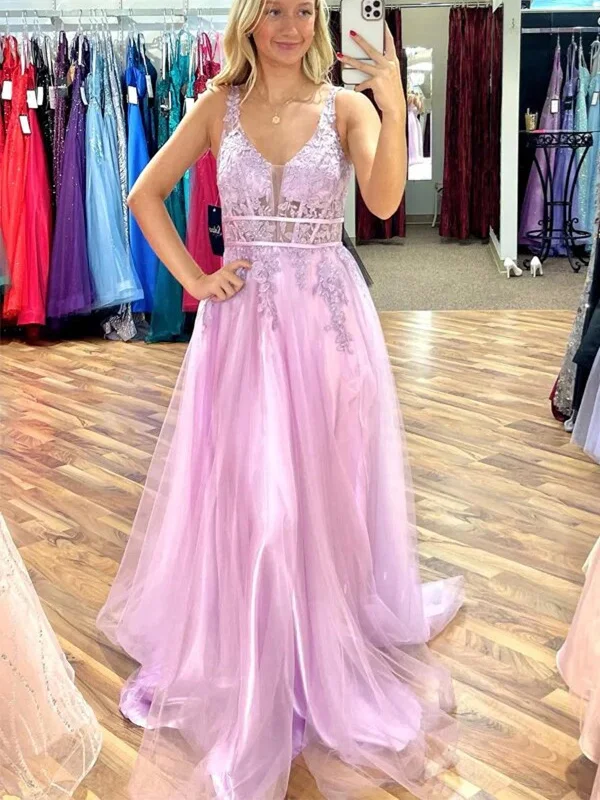 Lilac A Line V Neck Beaded Appliques Sleeveless Tulle Long Prom Dress， V Neck Purple Lace Backless Formal Evening Dress Shift Classic Vintage