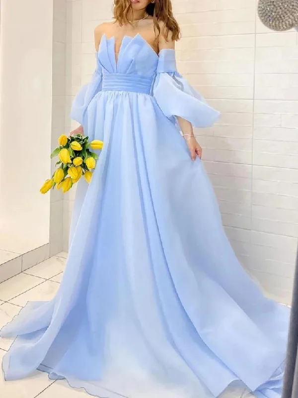 Long Sleeves Light Blue Long Prom Dresses, Light Blue Long Formal Evening Dresses Tunics Office stylish