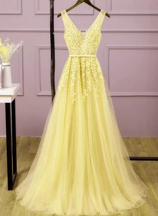 Long V-neckline Lace Applique and Tulle Bridesmaid Dress, Yellow Prom Dress Party Dress empire Waist empire