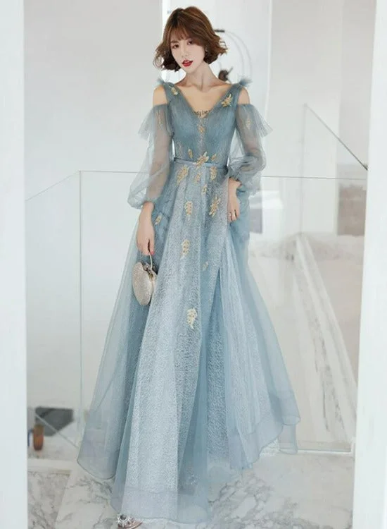 Lovely Blue Long Sleeves Tulle Long Wedding Party Dresses, Blue Prom Dresses Lace Sexy Club