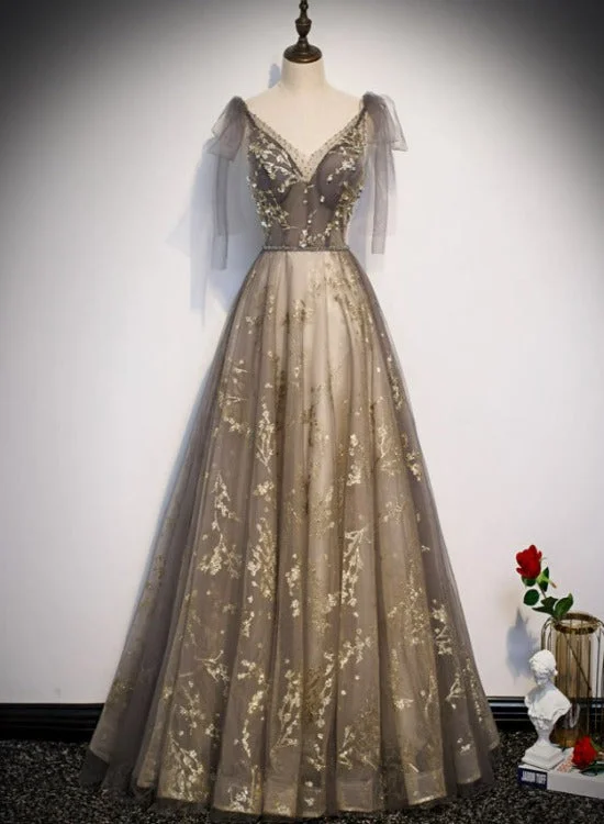 Lovely Champagne V-neckline Tulle Long Prom Dress Party Dress, Formal Gown Tunics Brand named