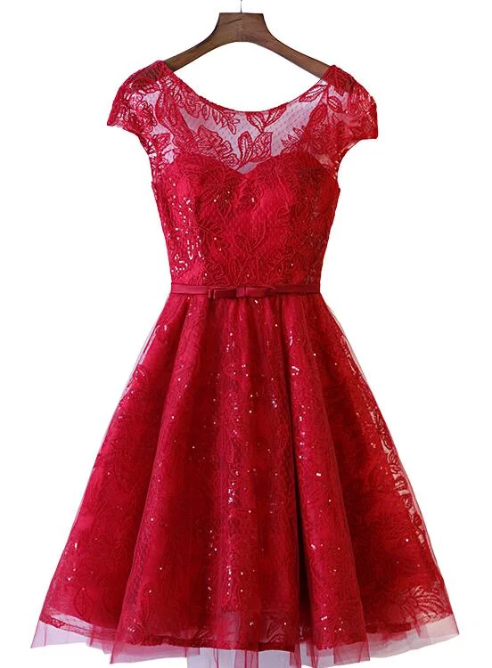 Lovely Dark Red Lace Cap Sleeves Short Party Dress, Wine Red Formal Dress Tunics Satin smooth
