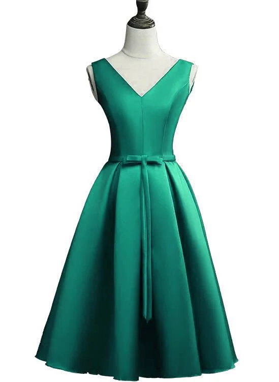 Lovely Green Satin Short Party Dress, V-neckline Bridesmaid Dress Tunics Top rated