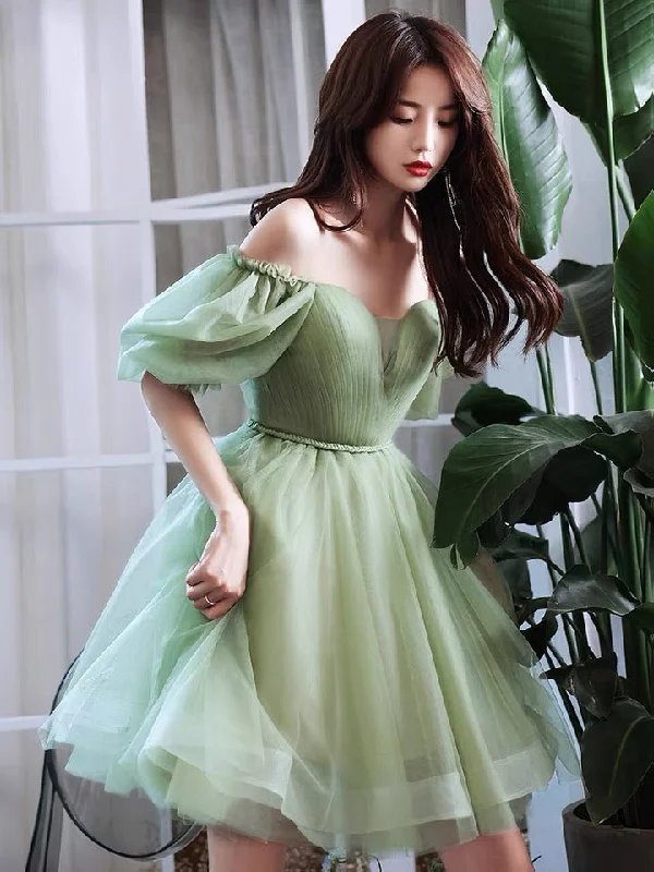 Lovely Green Short Tulle Off Shoulder Party Dress, Green Homecoming Dress Formal Dress empire Waist empire