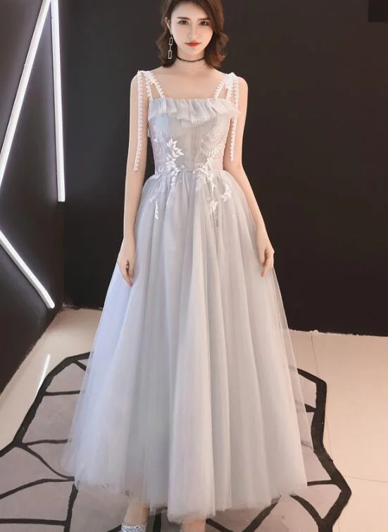 Lovely Grey Long Party Dress with Lace, Straps Wedding Party Dress Tunics Favorite customer
