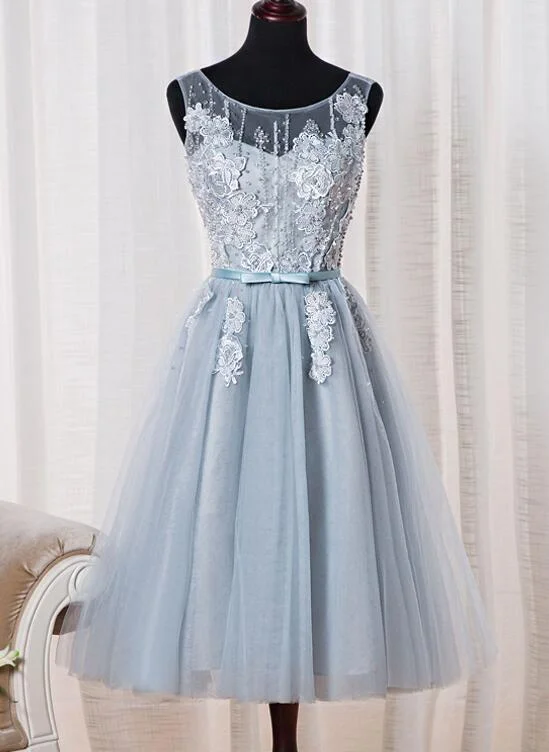 Lovely Light Blue Tulle Homecoming Dress, Cute Tea Length Party Dress Boatneck Modish Everyday