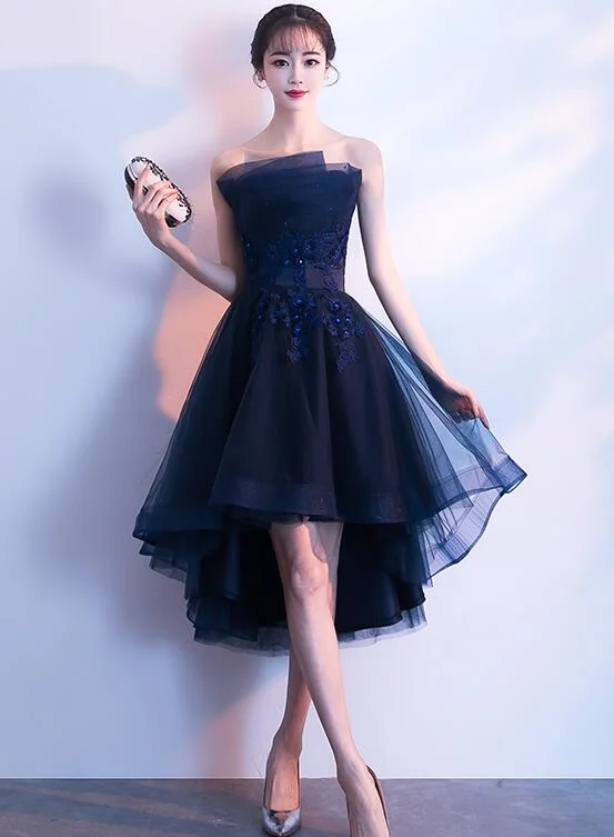 Lovely Navy Blue Tulle High Low Party Dress, Blue Prom Dresses Tunics Prom sequined