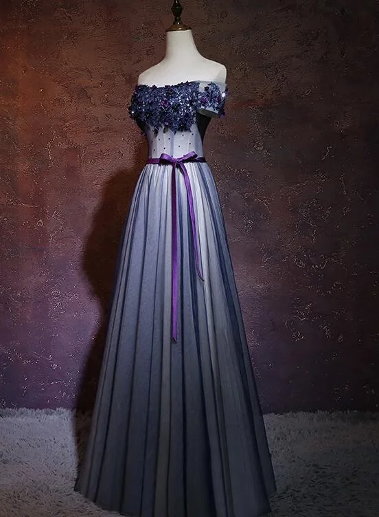 Lovely Navy Blue Tulle Off Shoulder Long Party Dress, A-line Floor Length Evening Dress Tunics stripes playful