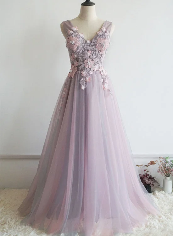 Lovely Pink V-neckline Floral Lace Party Dress, Pink Formal Dress Boatneck Modish Everyday