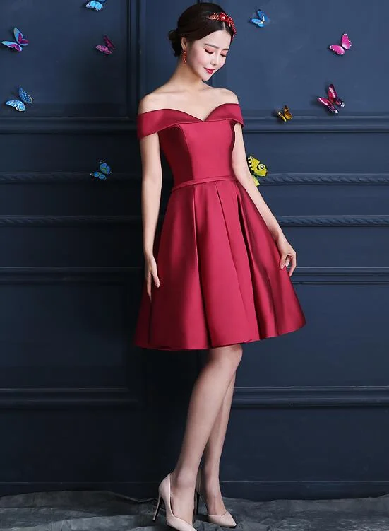 Lovely Satin Off Shoulder Homecoming Dress, Knee Length Party Dress Bodycon Fitted Nightout