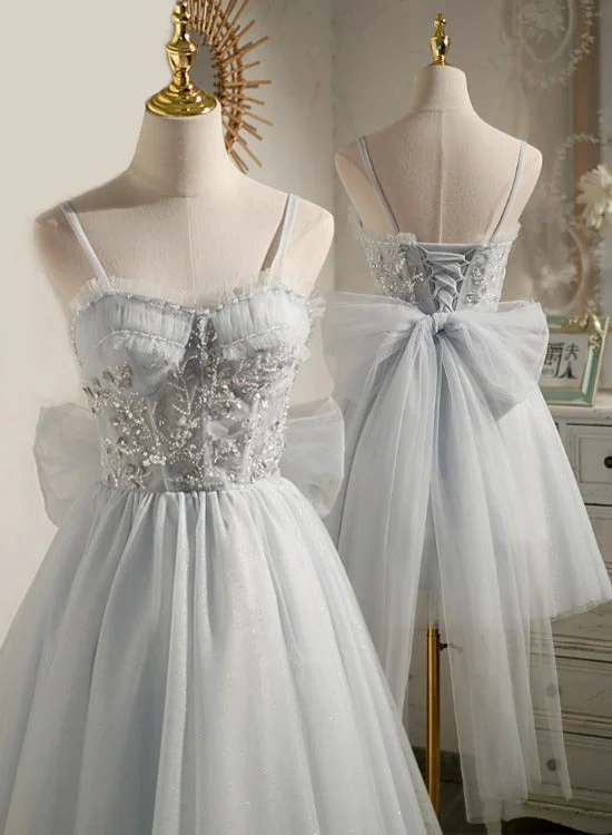 Lovely Sliver-Grey Tulle with Beaded Short Party Dresses, Tulle Short Prom Dresses 2022 Glittery Long Formal