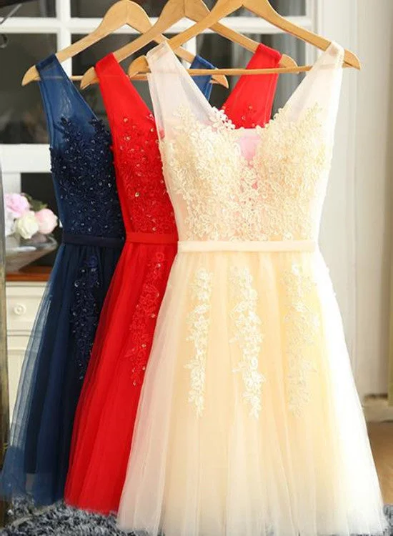 Lovely Tulle Lace Applique Beaded Party Dress, Short Prom Dress Square Neckline Feminine