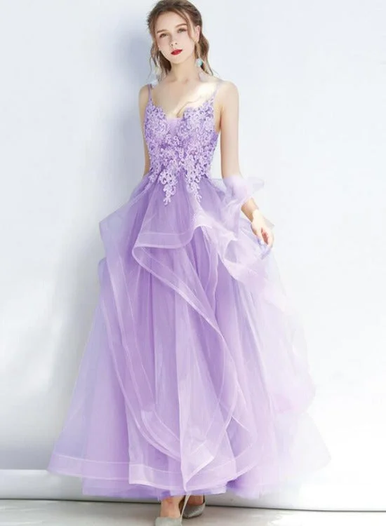 Lovely Tulle Layers Straps Party Dress with Lace, Long Evening Dress Prom Dress Tunics Spring floral