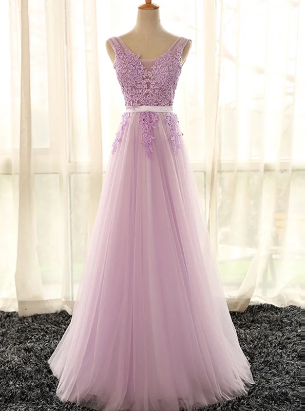 Lovely Tulle Lilac V-neckline Party Dress, Long Evening Gown Tunics Travel practical