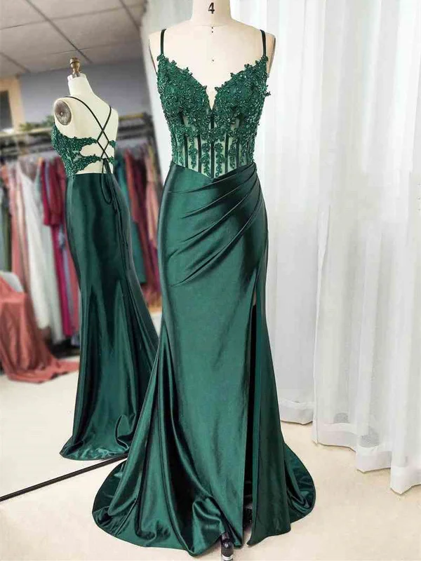 Mermaid Emerald Green Straps Ruched Prom Dress with Slit, Green Mermaid Formal Evening Dress Tunics Sophisticated sleek