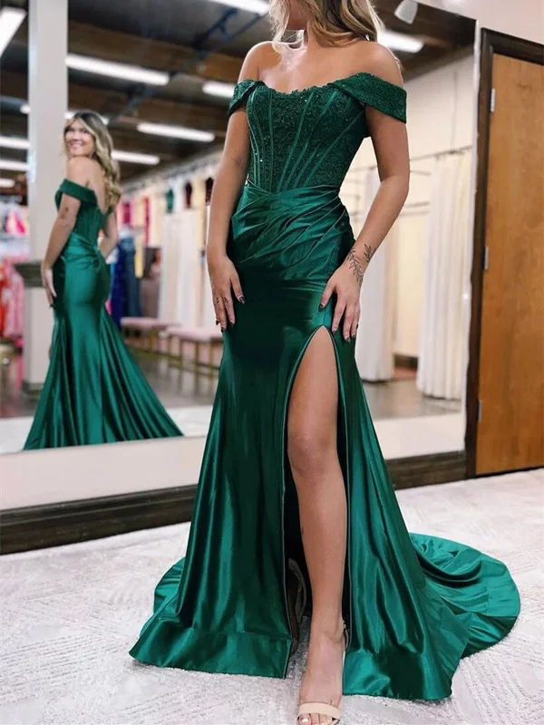 Mermaid Green/Blue Satin Lace Long Prom Dress, Off Shoulder Formal Evening Dress Tunics Mesh breathable