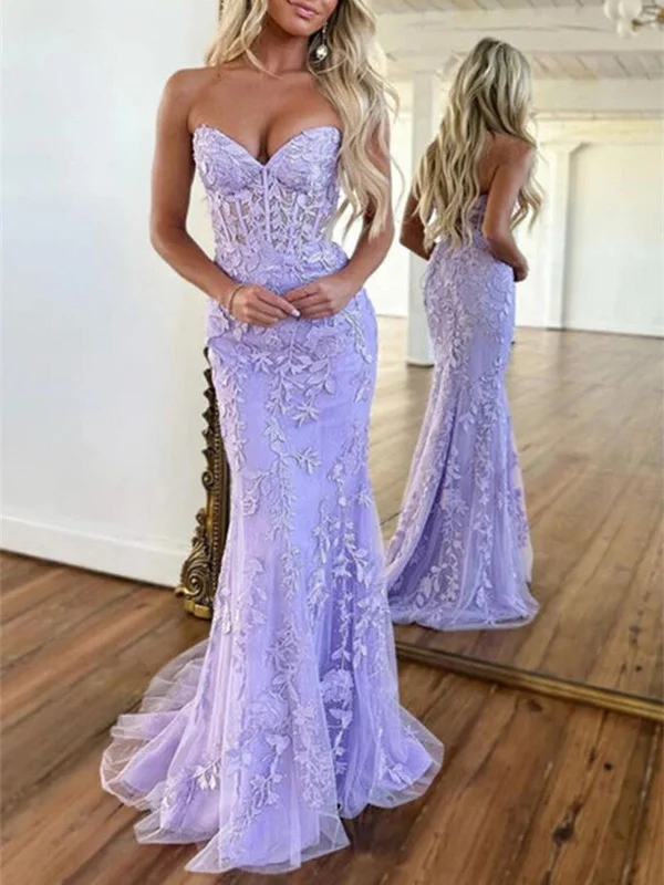 Mermaid Strapless Purple Lace Long Prom Dress, Purple Lace Formal Dress, Long Purple Evening Dress Tunics Party sparkling