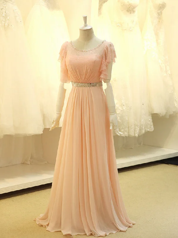 Modest Blush Pink Formal Pageant Evening Dress with Sleeves Tunics Mesh breathable