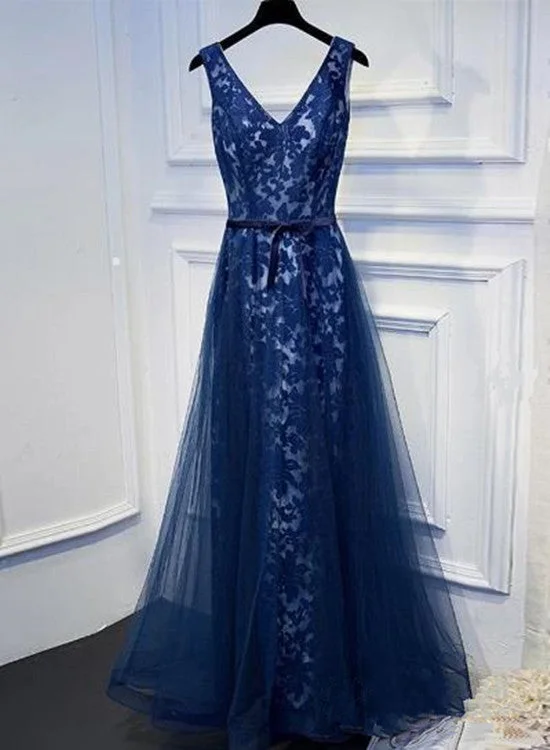 Navy Blue Lace Long V-neckline Prom Dress, A-line Party Dress Tunics Stylish elegant