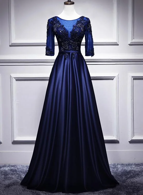 Navy Blue Satin with Lace Short Sleeves Long Prom Dresses, Blue Evening Dresses Formal Dress Tunics Timeless classic