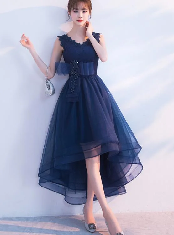 Navy Blue V-neckline High Low Tulle Party Dress, Blue Homecoming Dress Tunics Cozy soft