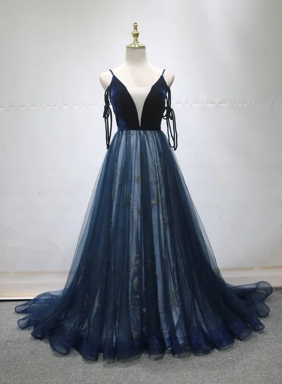 Navy Blue Velvet and Tulle Long Prom Dress Party Dress, Navy Blue Evening Dress 2022 Tunics Business professional