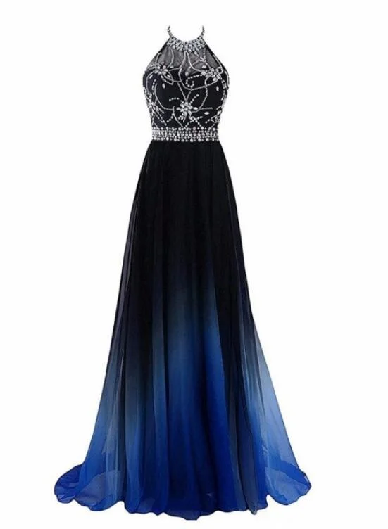 New Chiffon Blue Gradient Beaded Party Dress, A-line Long Prom Dress Off-the-shoulder Bohemian Festive